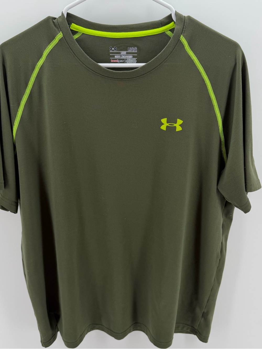 Under Armour Olive Green Short Sleeve Performance Tee with Lime Accents HeatGear